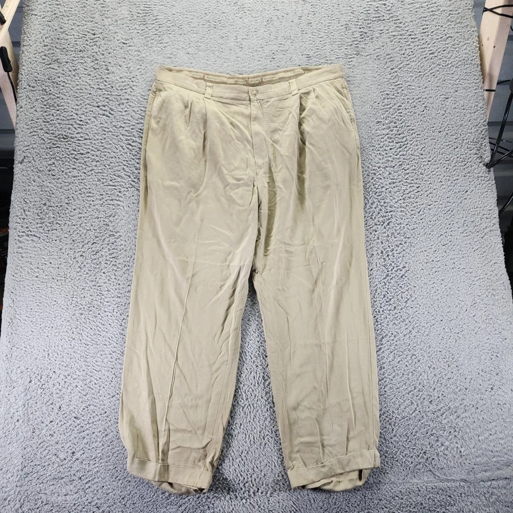 Tommy Bahama Pant Mens 42x29 Beige Silk Khakis Straight Beach Pleated Resortwear
